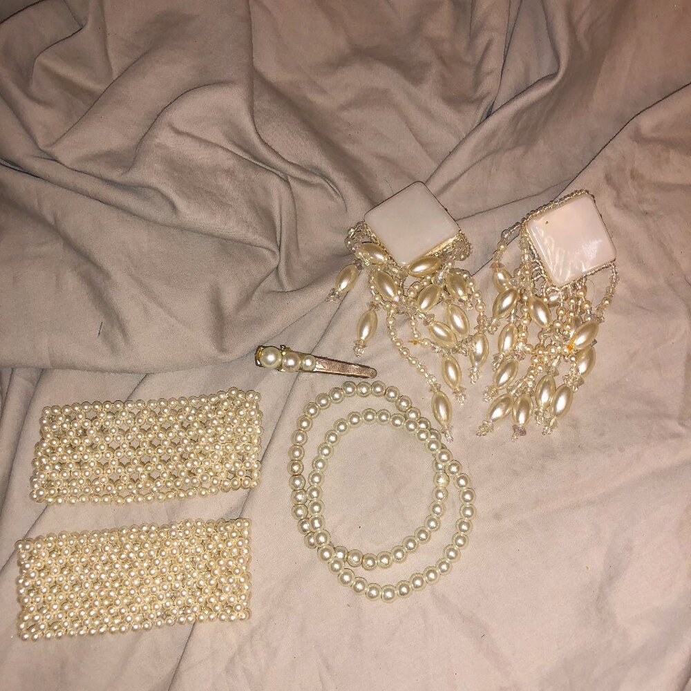 bundle shining pearl earring set, 4 bracelets, hair clip,